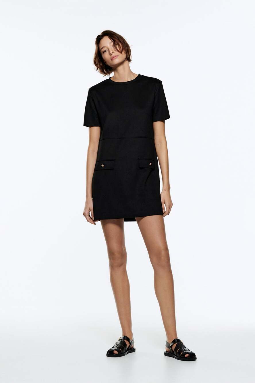 Zara Black Faux Suede Round Neck Short Sleeve Casual Mini T-Shirt Dress Size M